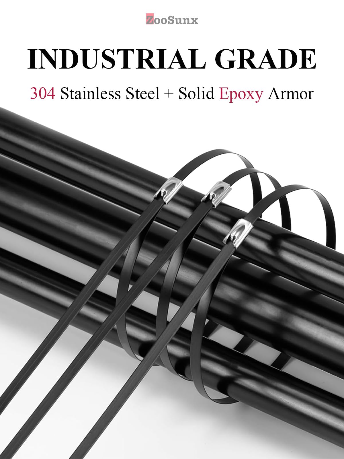 ZOOSUNX heavy-duty outdoor cable ties for exhaust wraps in high-heat environments.