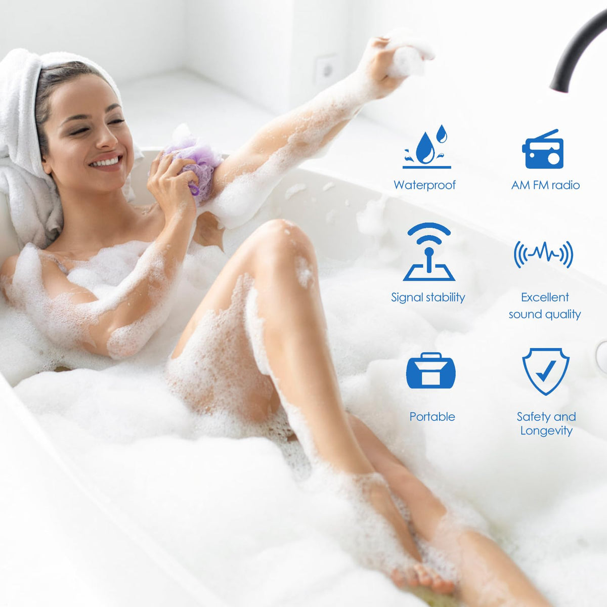 Zopsc Shower radio compact mountable design fits small bathrooms.