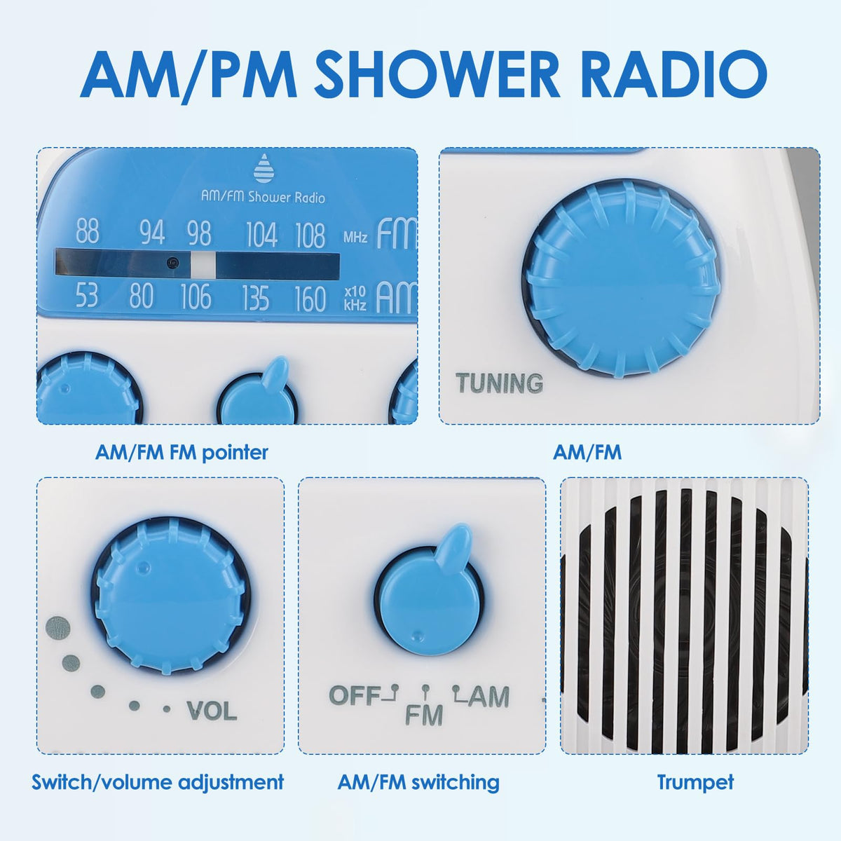 Zopsc Shower Radio easy-tuning volume control for wet hands.