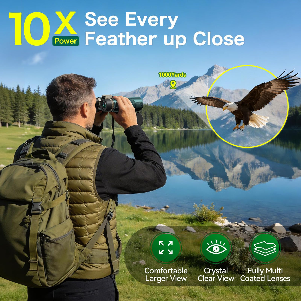 ZORVON 10x42 HD binoculars with 23mm eyepieces for immersive, wide field viewing.