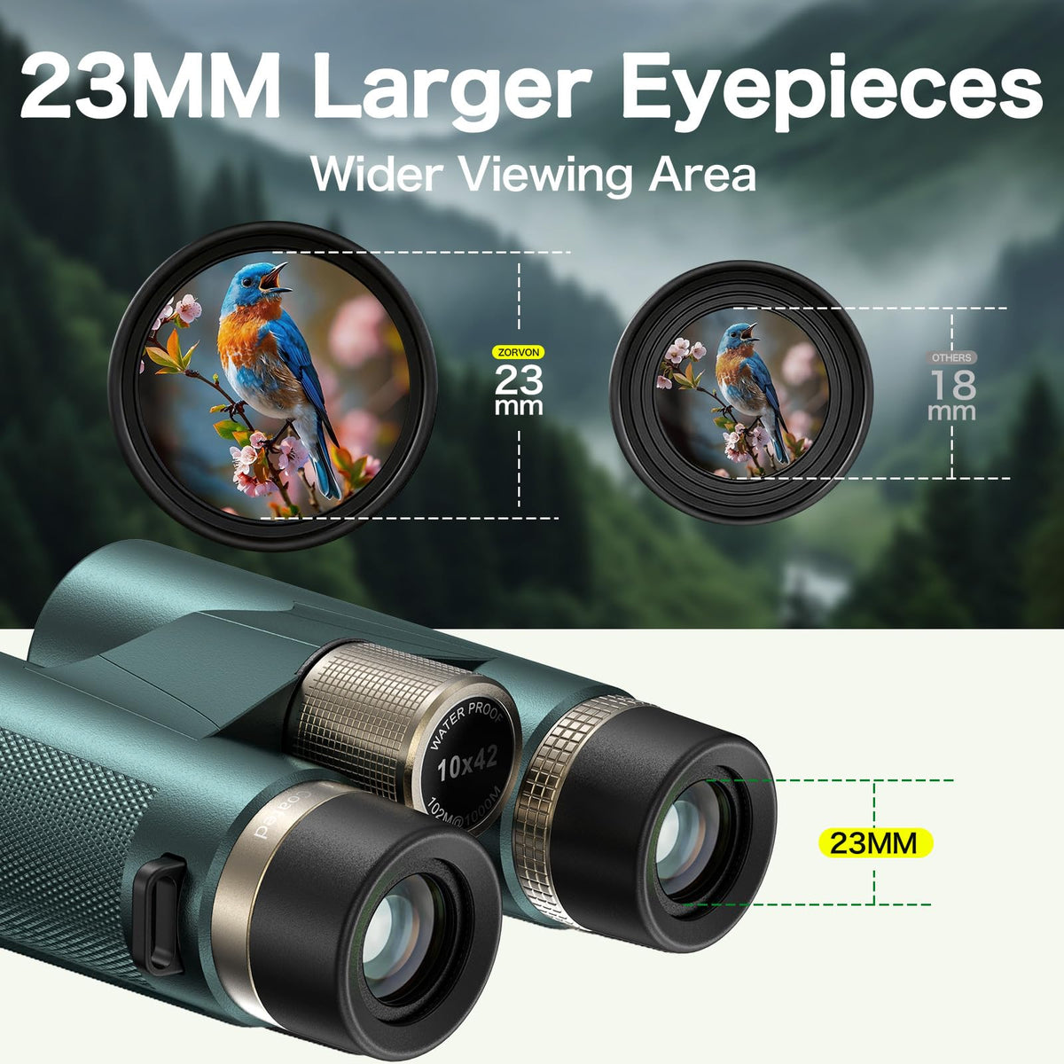 ZORVON 10x42 HD binoculars with FMC multi-coated lenses for brighter, clearer images.