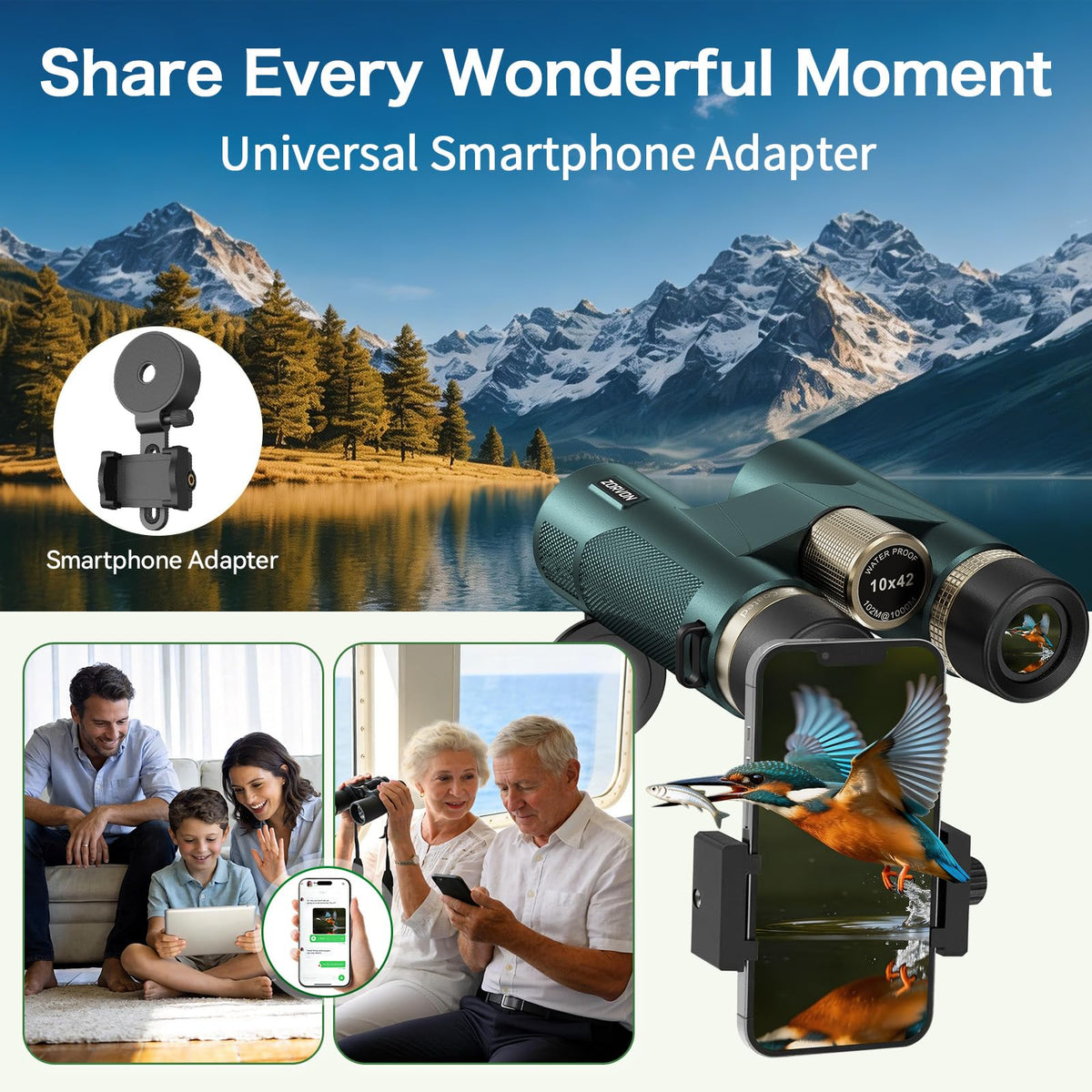 ZORVON 10x42 HD binoculars large eyepieces for comfortable viewing with or without glasses.