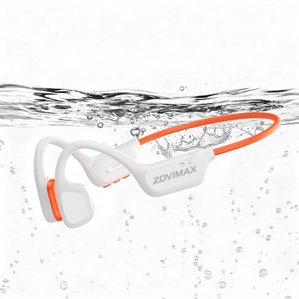 ZOVIMAX front view orange headphones showing open-ear design and secure fit benefit