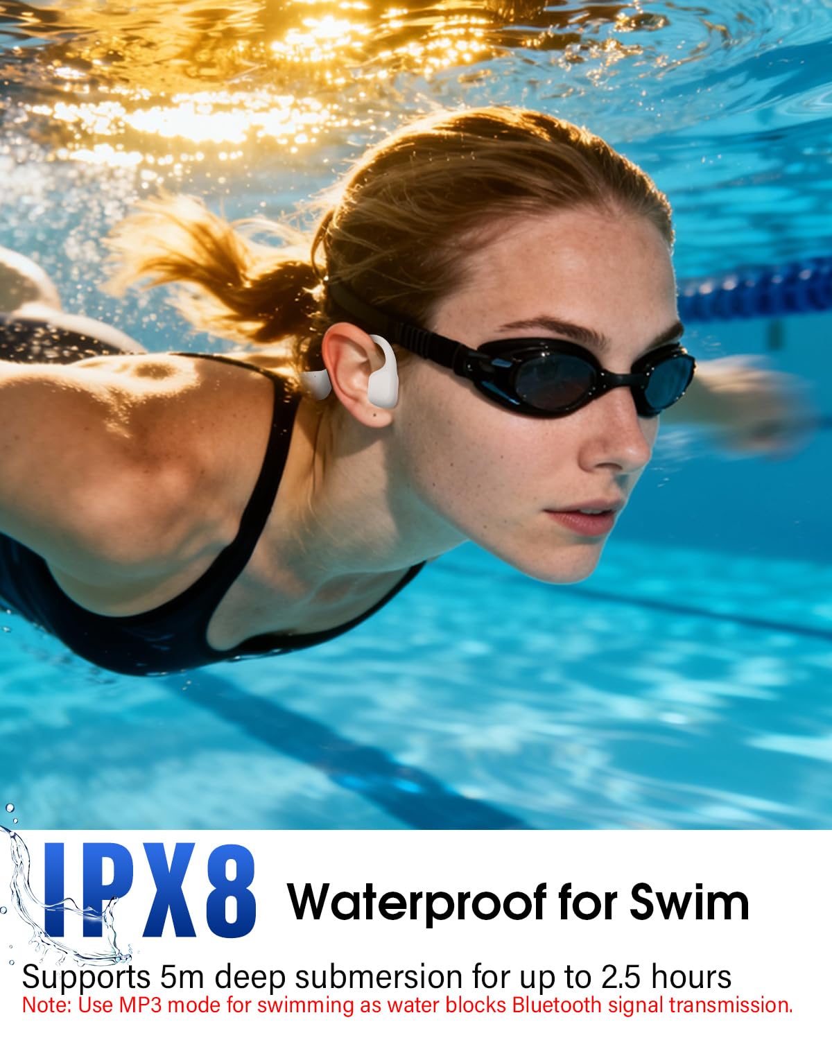 ZOVIMAX worn by swimmer in pool demonstrating waterproof use and stable fit
