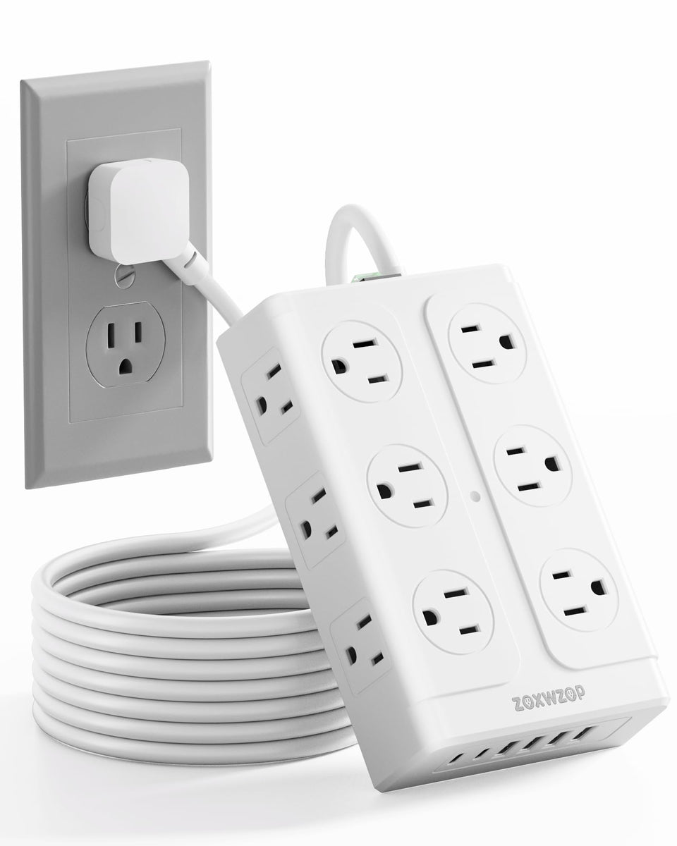 Zoxwzop 18-in-1 surge protector with 12 outlets for multiple devices.