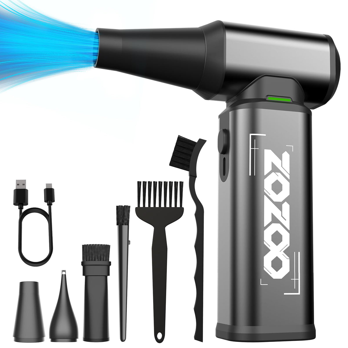 ZOZOO compressed air duster front view, ideal for keyboard cleaning and desktop dusting