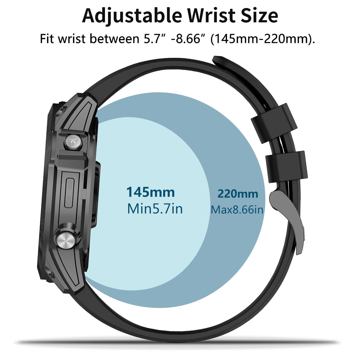 ZPJPPLX 200mm band length for wrists from 5.7 to 8.66 inches.