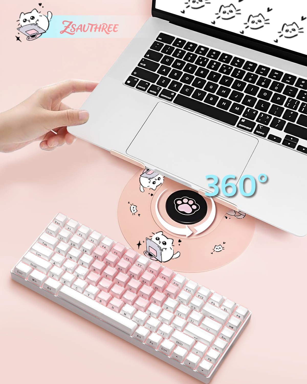 ZSAUTHREE ergonomic height adjustable stand supports comfortable viewing angles.