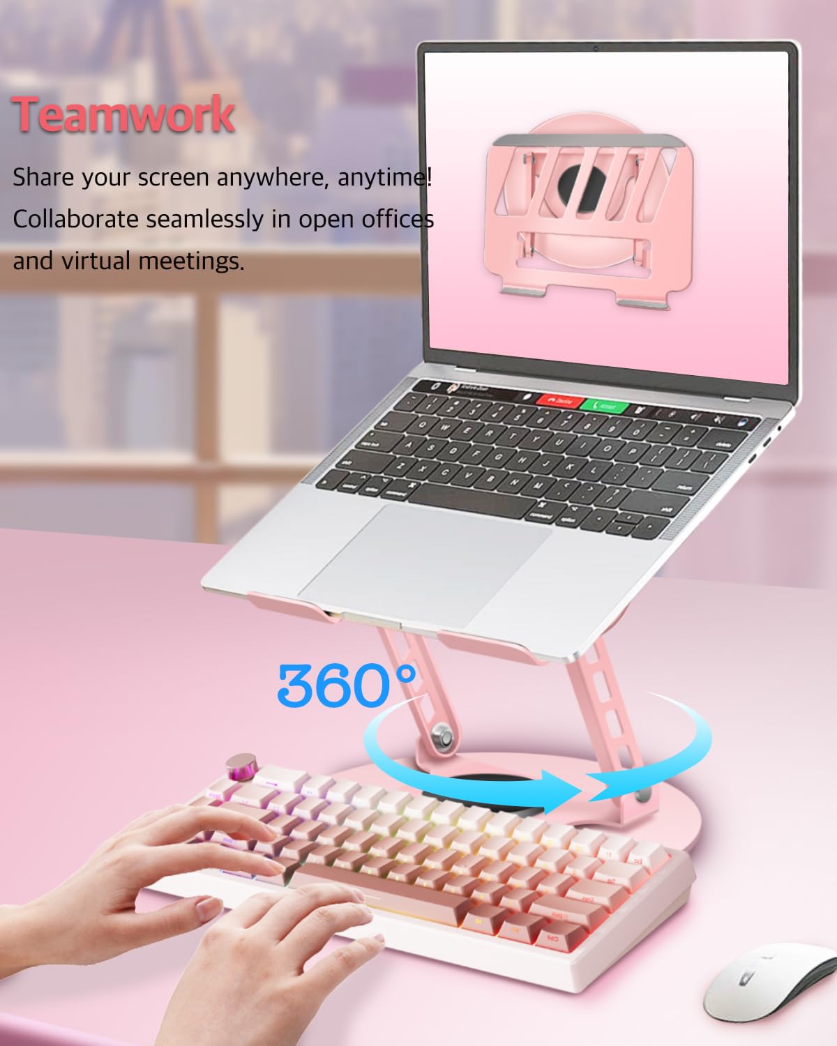 ZSAUTHREE pink folding laptop stand adds stylish portability and space efficiency