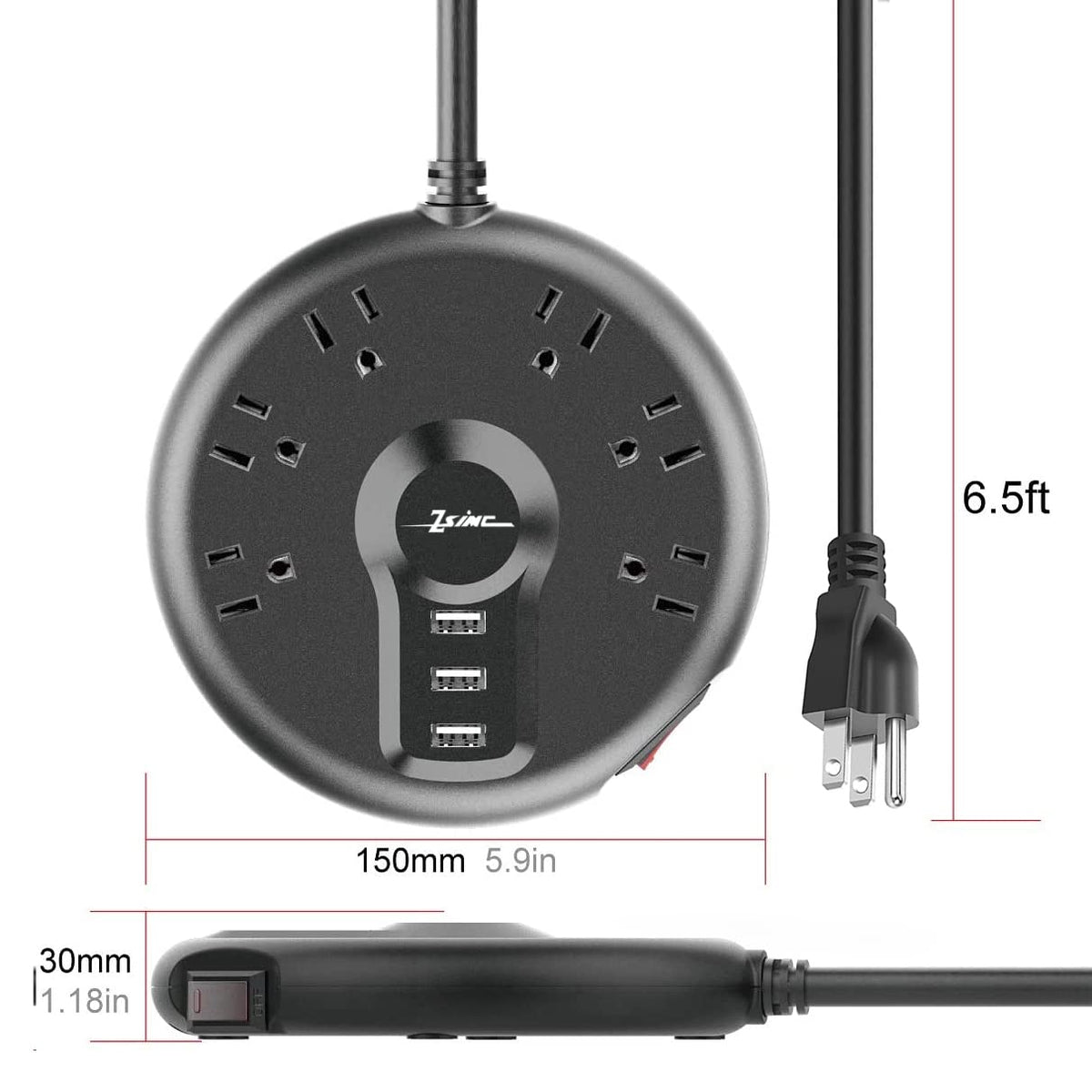 ZSIMC power strip side view showing compact desk-friendly footprint