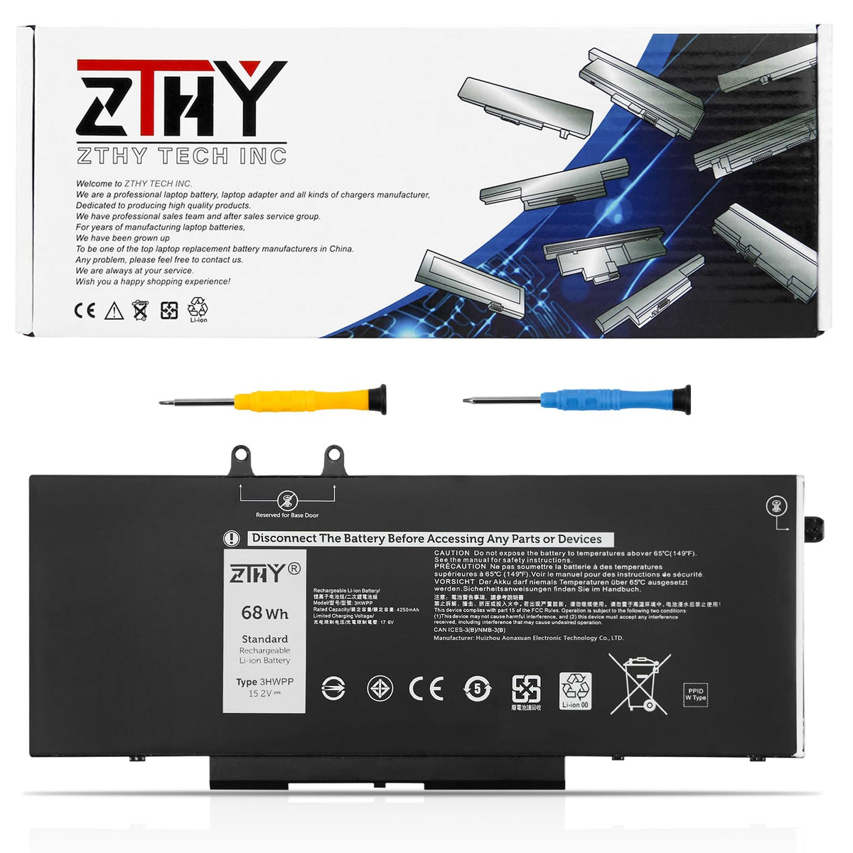 ZTHY 3HWPP battery front view for Dell Latitude 5401, 4‑cell design supports longer unplugged use
