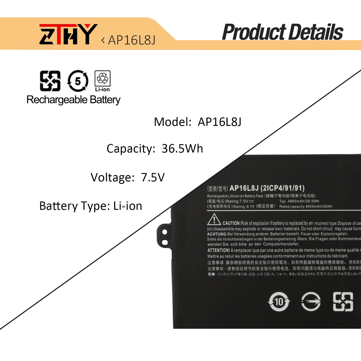 ZTHY AP16L8J side profile showing thin black Li-ion pack for compact fit