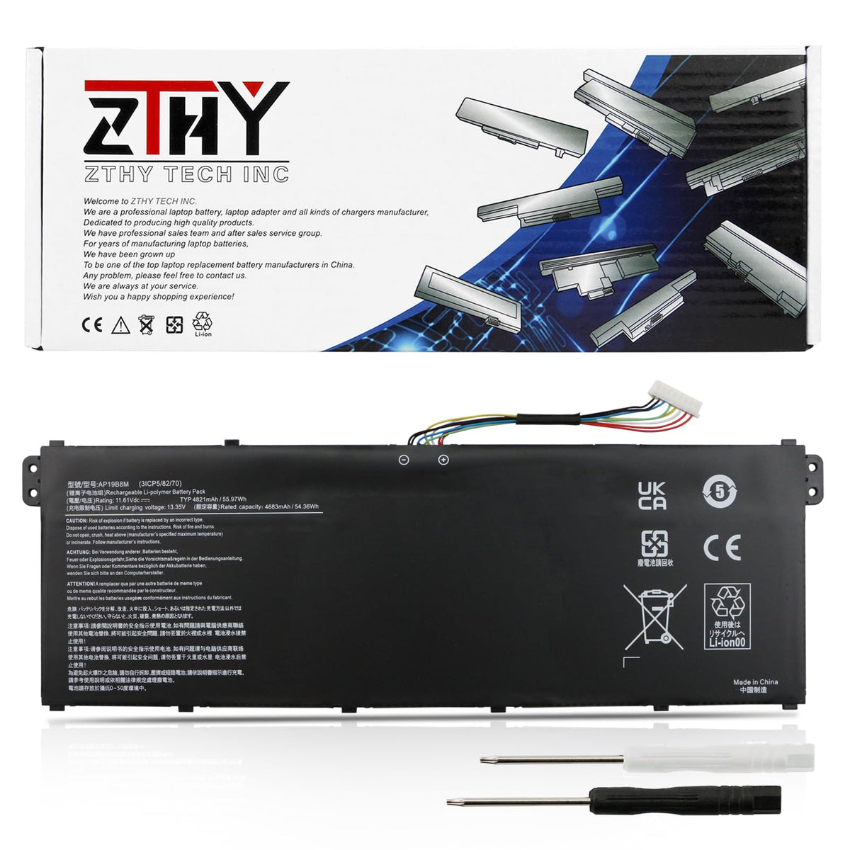 ZTHY AP19B8M front view showing battery shape and fit benefits