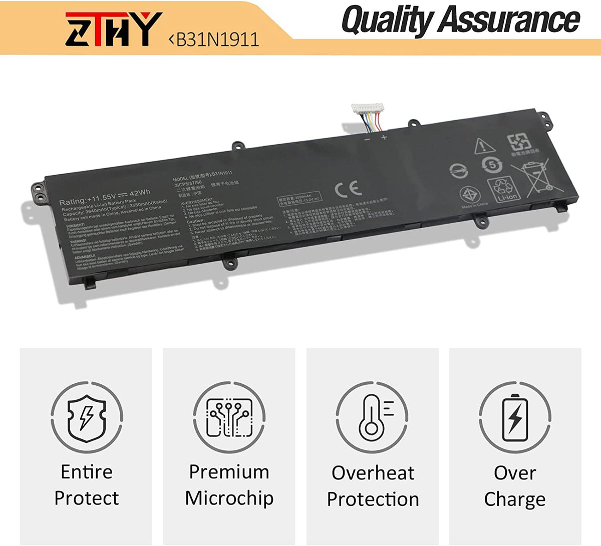 ZTHY battery capacity and voltage sticker showing 11.55V 42Wh confidence