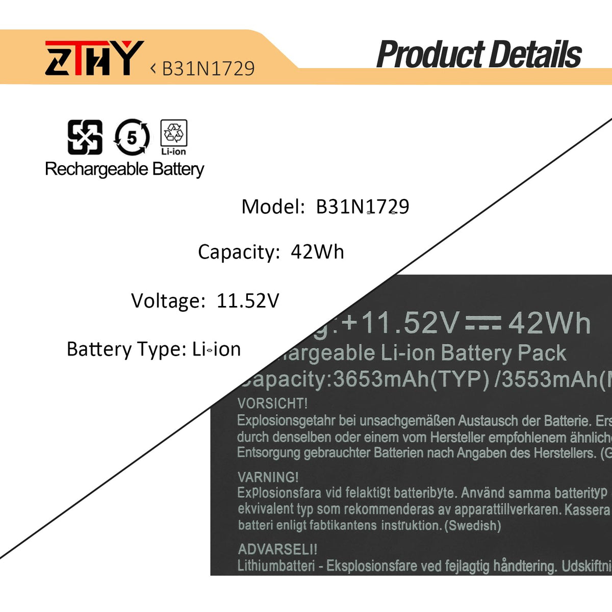 ZTHY 11.52V 42Wh battery delivers consistent power for everyday computing.