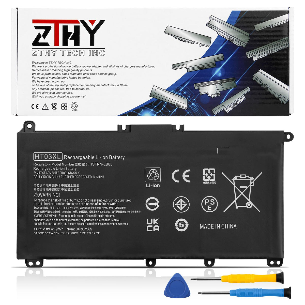 ZTHY HT03XL battery front view for HP Pavilion laptops, ready to extend unplugged use