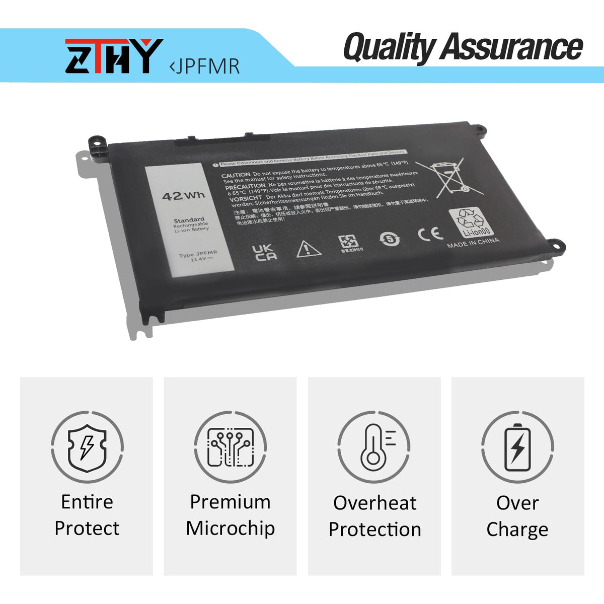 ZTHY JPFMR 11.4V 42Wh Li-ion pack shown for efficient daily use on Dell Chromebook 5493