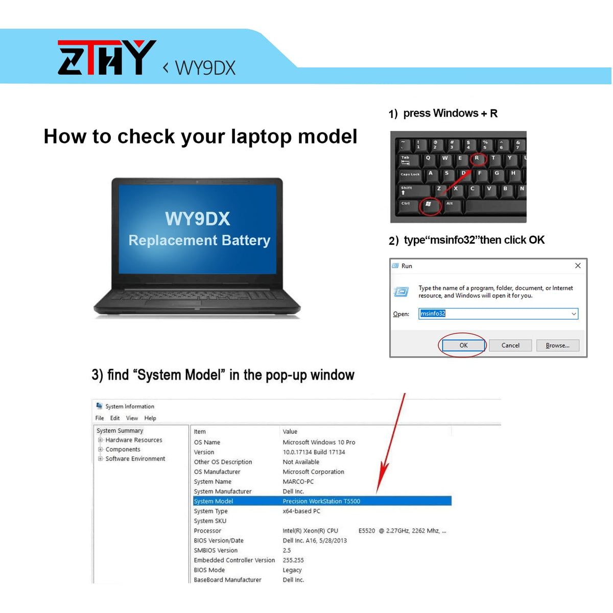 ZTHY WY9DX close-up label with part numbers for easy verification