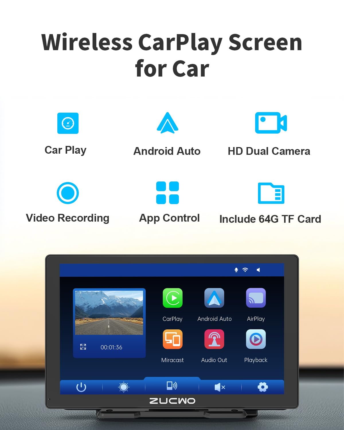 ZUCWO touchscreen mounted on a car dash, improves access to apps
