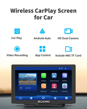 ZUCWO touchscreen mounted on a car dash, improves access to apps