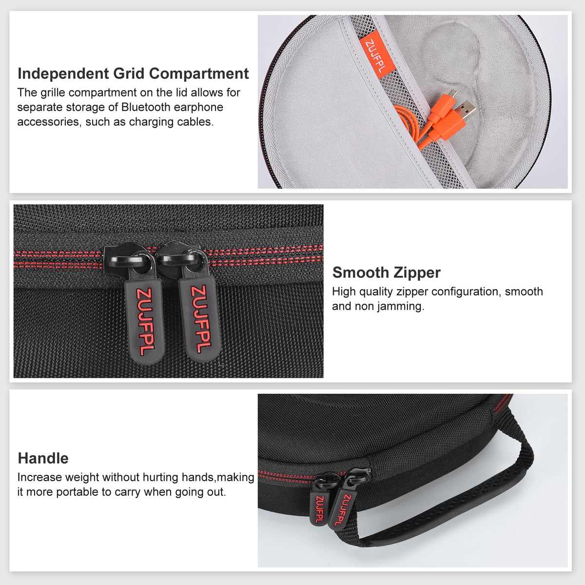 ZUJFPL case open interior with mesh pocket holding cables for neat storage