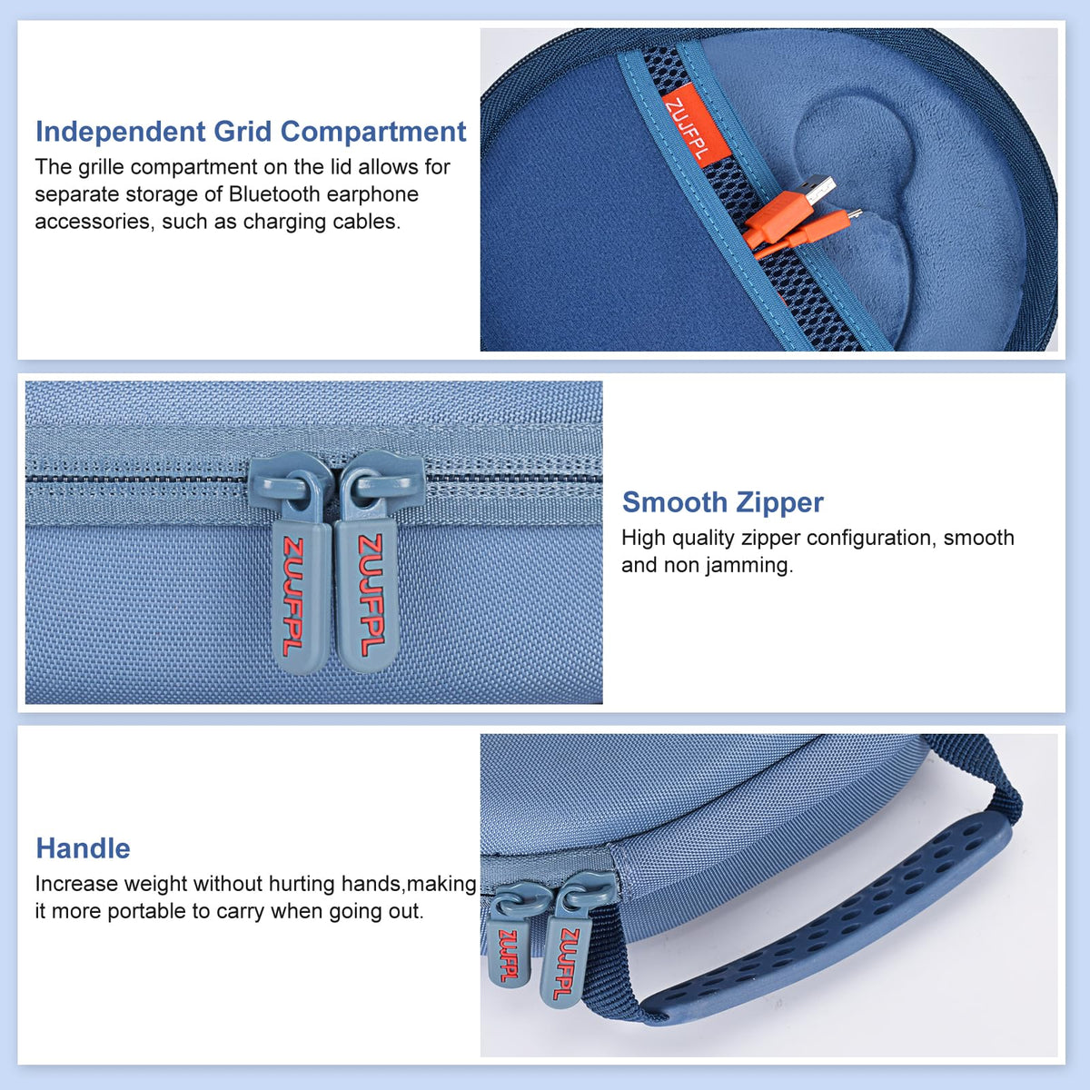 ZUJFPL open internal setup with mesh pocket organizing cables and earbuds