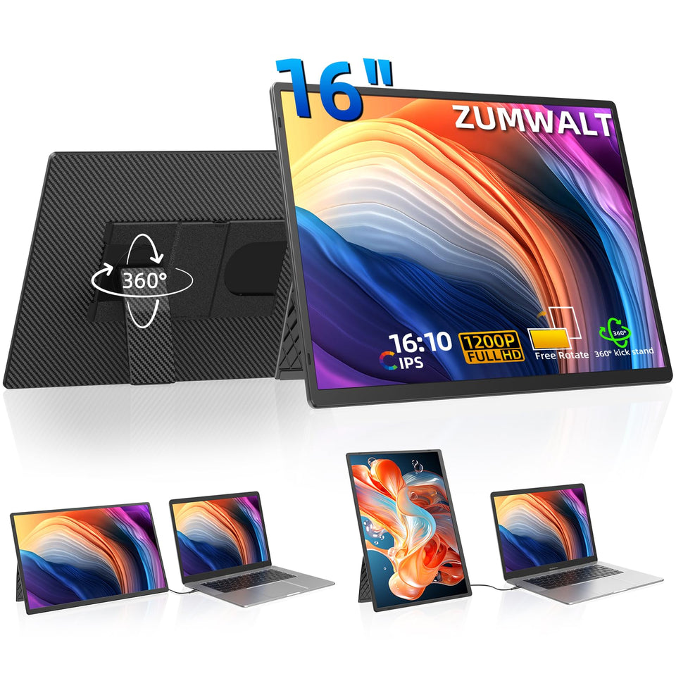 ZUMWALT 16-inch portable monitor front view showing slim profile and clarity