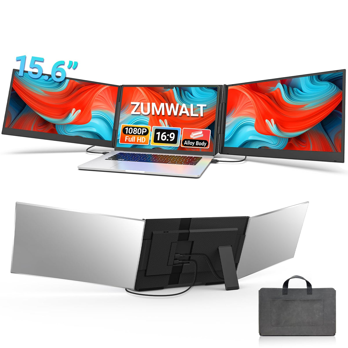 ZUMWALT P7 triple monitor front view showing compact, productive setup.