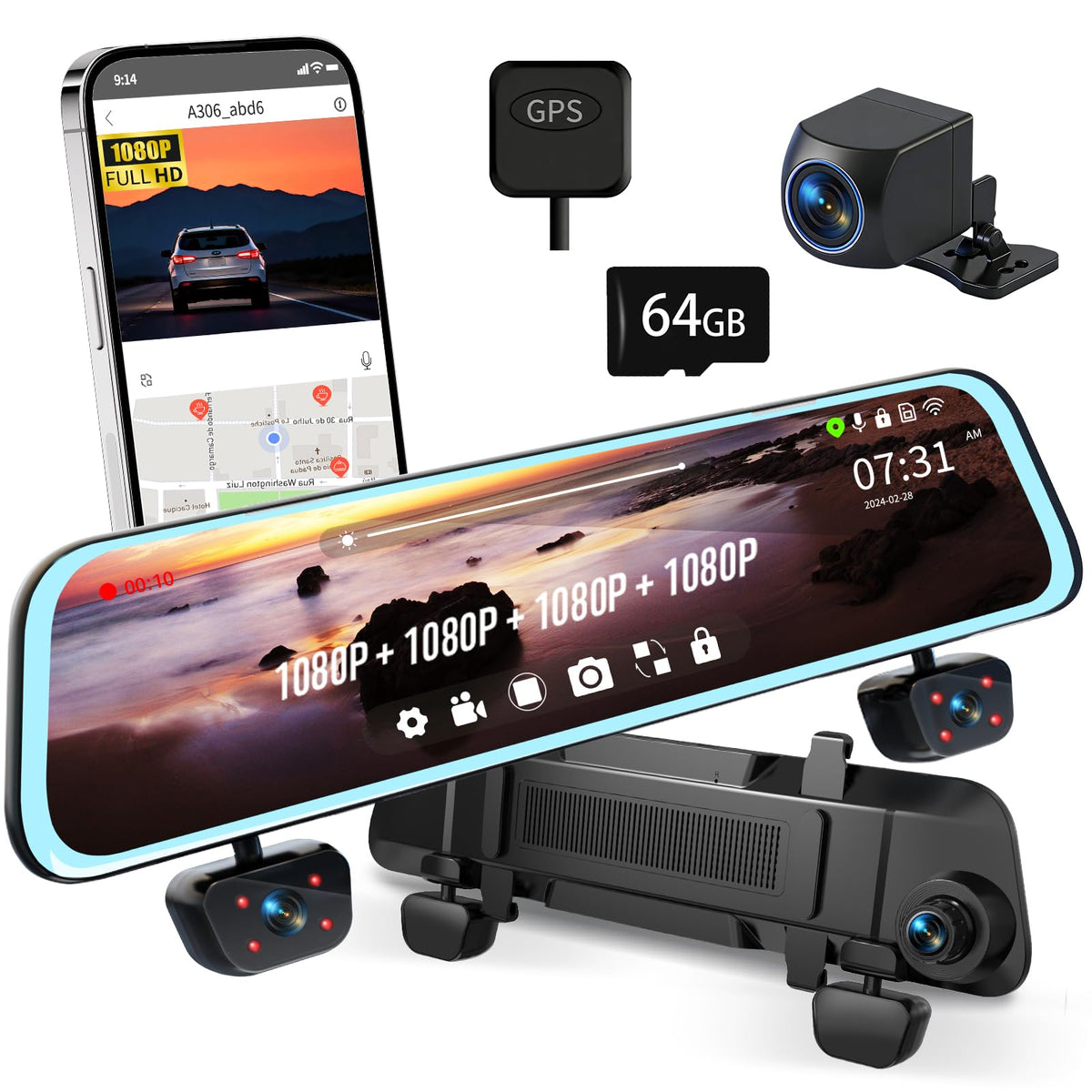 Zunfly mirror dash cam front view with 12-inch display for quick review.