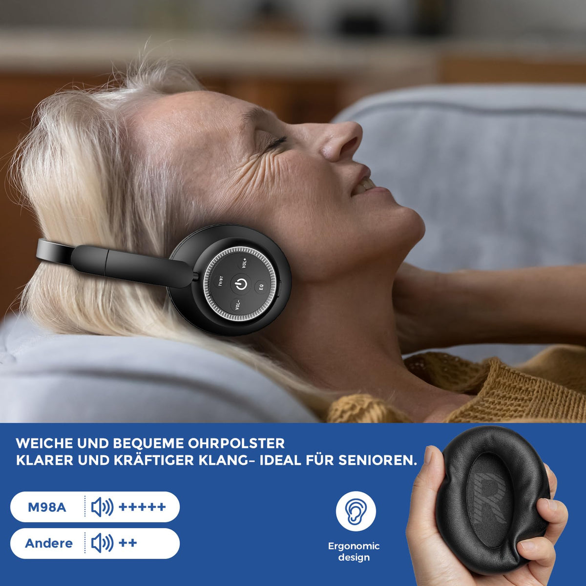 ZUPVIY worn by senior watching TV with clear audio benefit and ergonomic fit