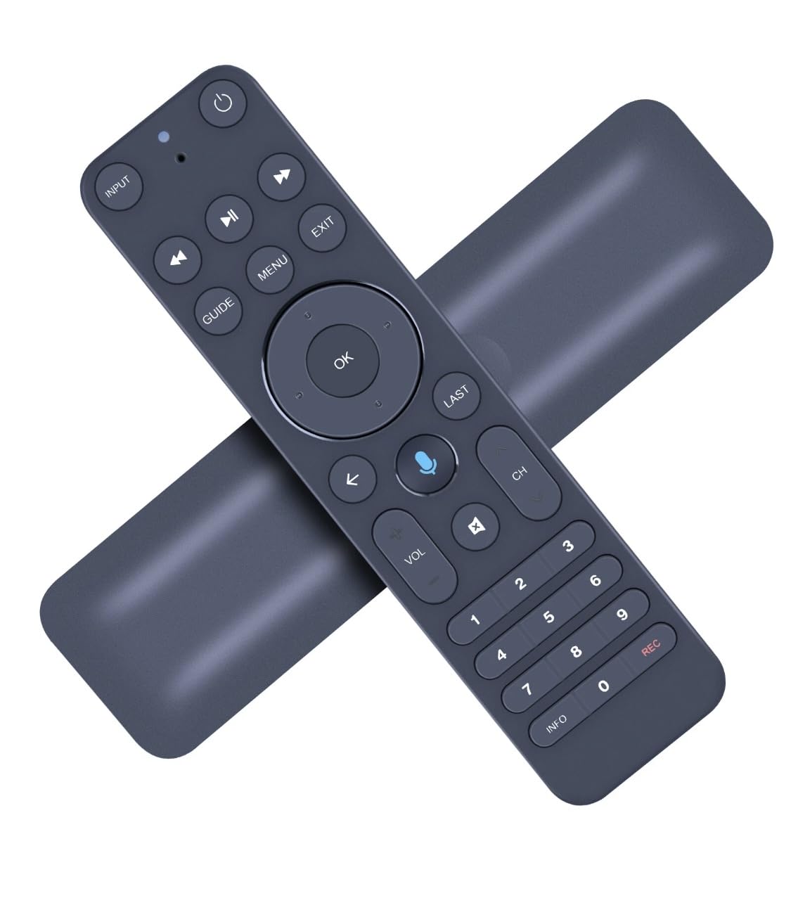 Zurjy remote front view showing voice button and backlit keys for easier control