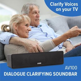 ZVOX AV100 compact profile shown under TV with minimal footprint.