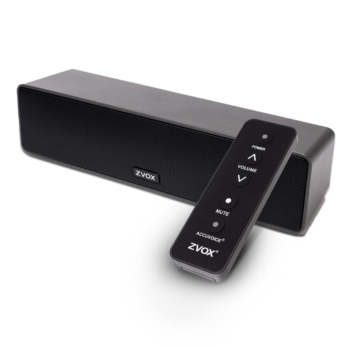 ZVOX AccuVoice AV100 front view, compact soundbar for small spaces.