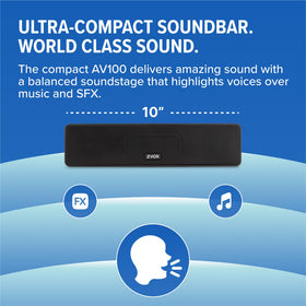 PhaseCue surround on ZVOX AV100 creates immersive room-filling sound.