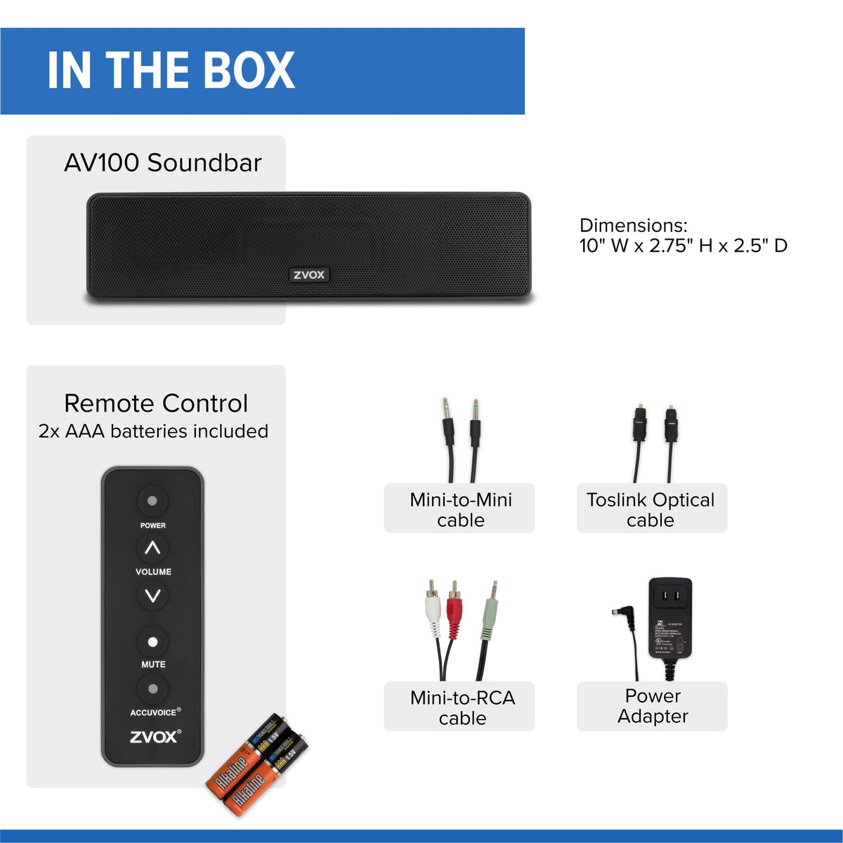 Large-button remote from ZVOX AV100 simplifies adjusting volume.