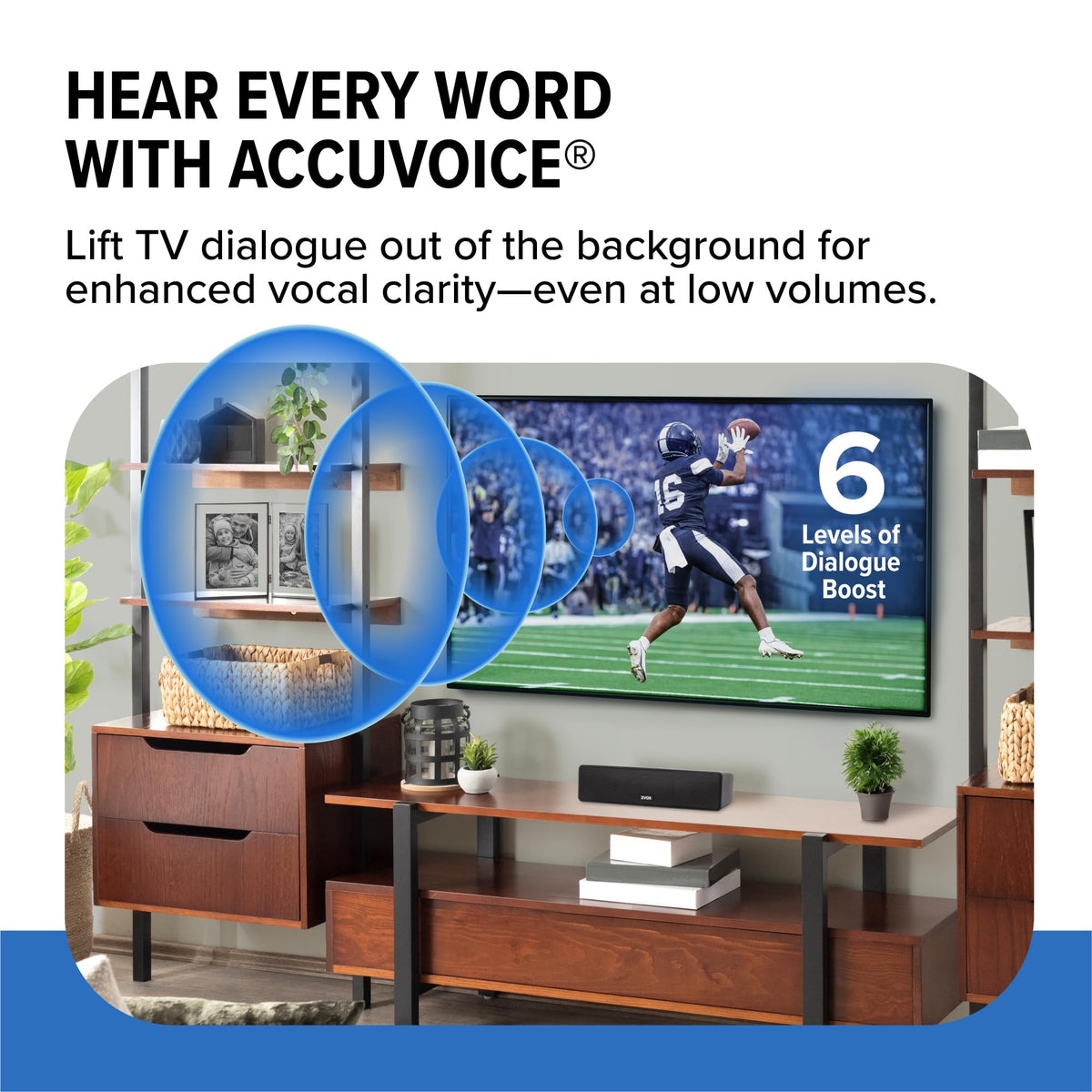 ZVOX AccuVoice AV100 six-level boost for clearer dialogue.