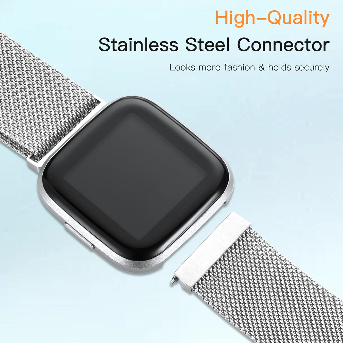 ZWGKKYGYH Versa band stainless steel closeup shows durable, skin-friendly material.