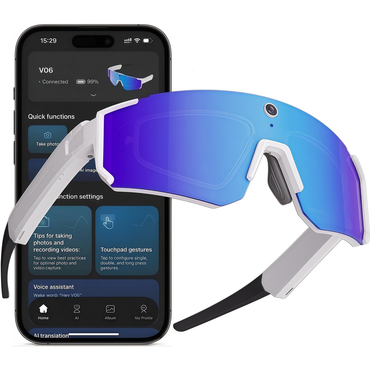 ZWJ Sport AI sunglasses with POV camera capturing hands-free cycling footage.