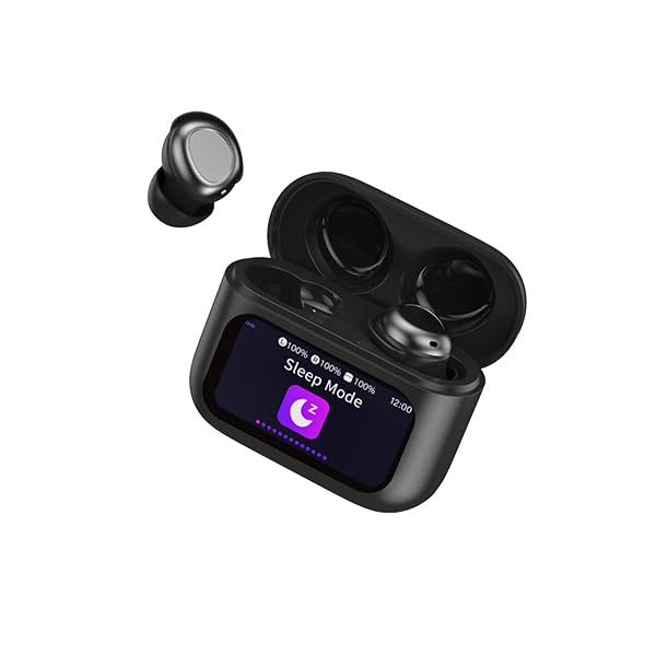 ZYHKON Sleep Earbuds with compact charging case, angle view, ideal for side sleepers and long listening