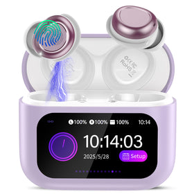 ZYHKON front view of purple earbuds and compact case, shows portability and style