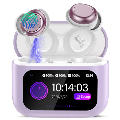 ZYHKON front view of purple earbuds and compact case, shows portability and style