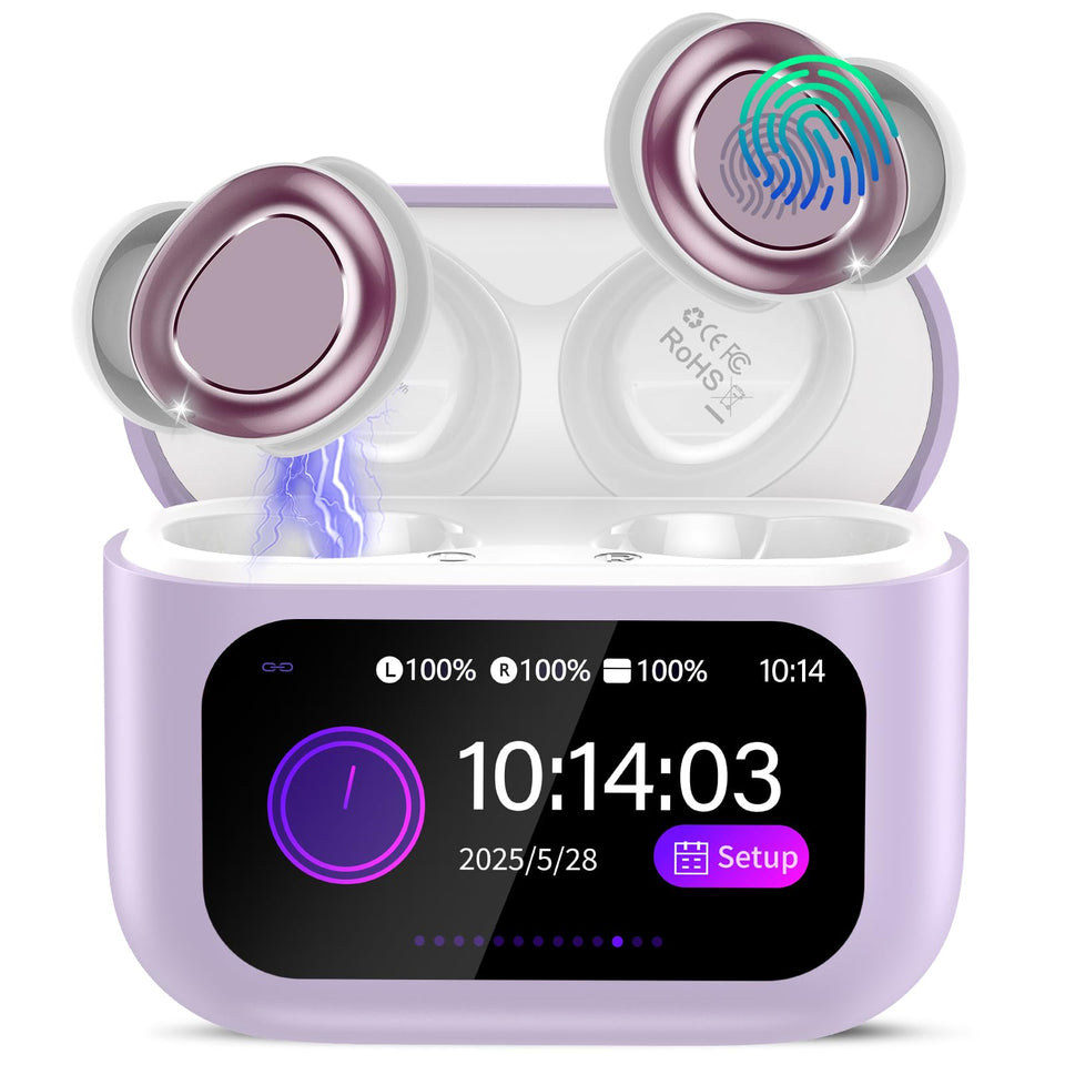 ZYHKON front packaging showing royal purple earbuds and benefits