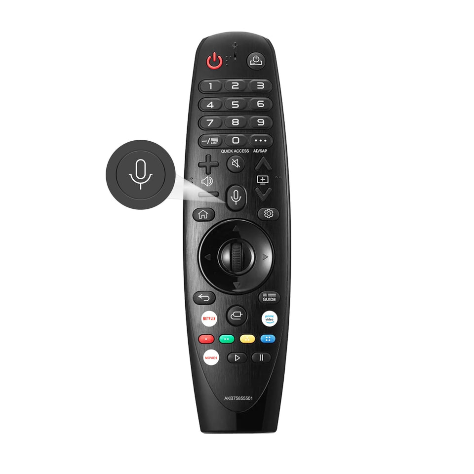 ZYK replacement LG remote AKB75855501 front view with ergonomic grip for easy control.