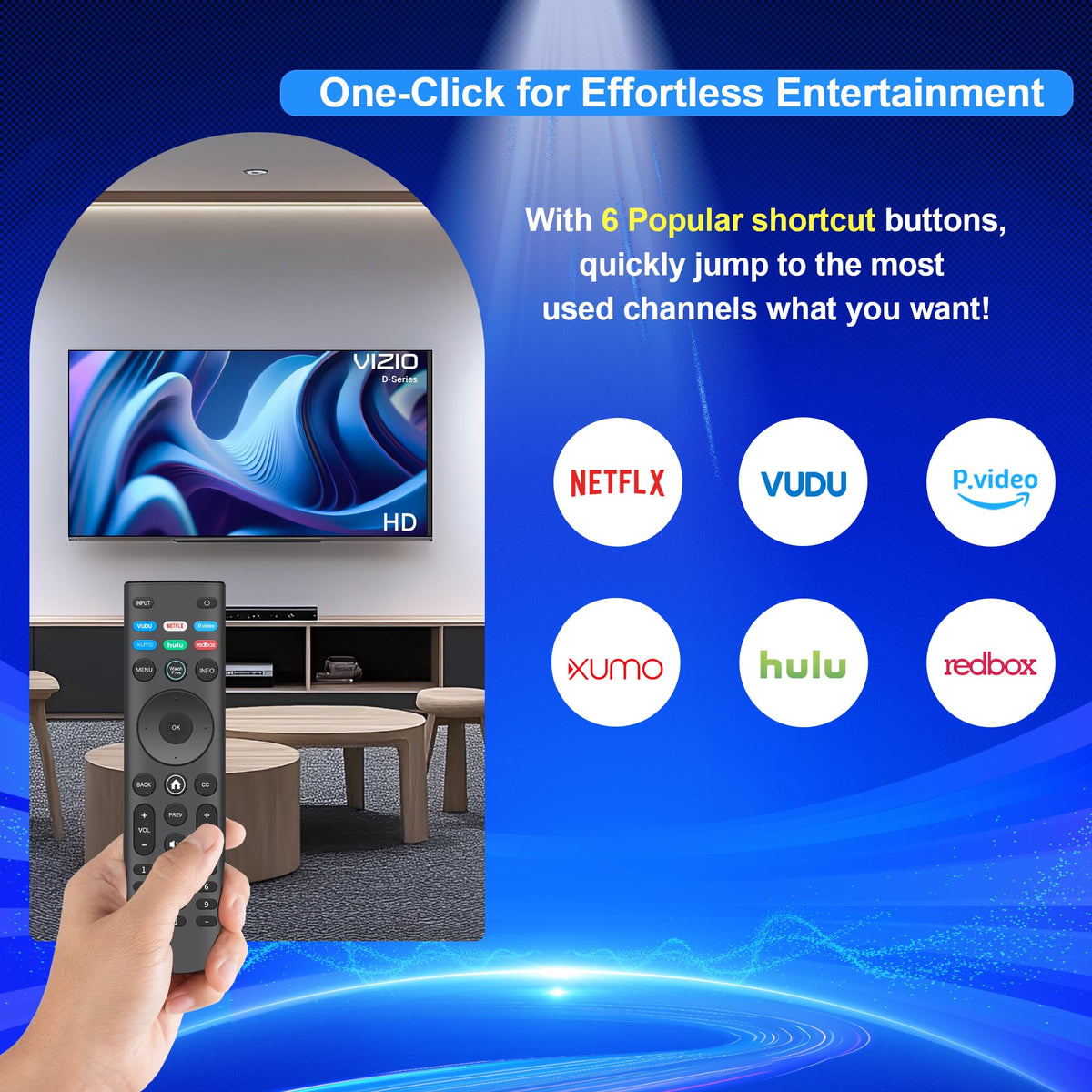 ZYK VIZIO remote with six shortcuts for quick streaming access.