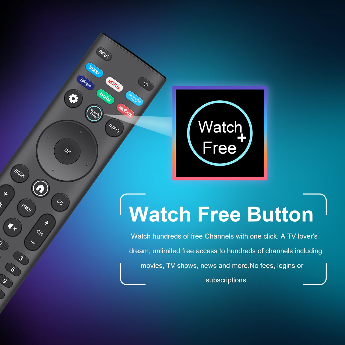ZYK Vizio remote shortcuts panel demonstrates instant access to streaming apps