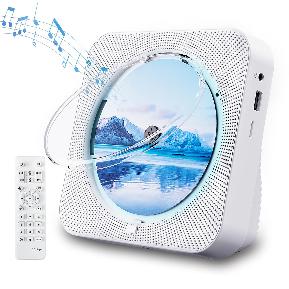ZYOKATA front view showing white CD player and speakers for clear room sound