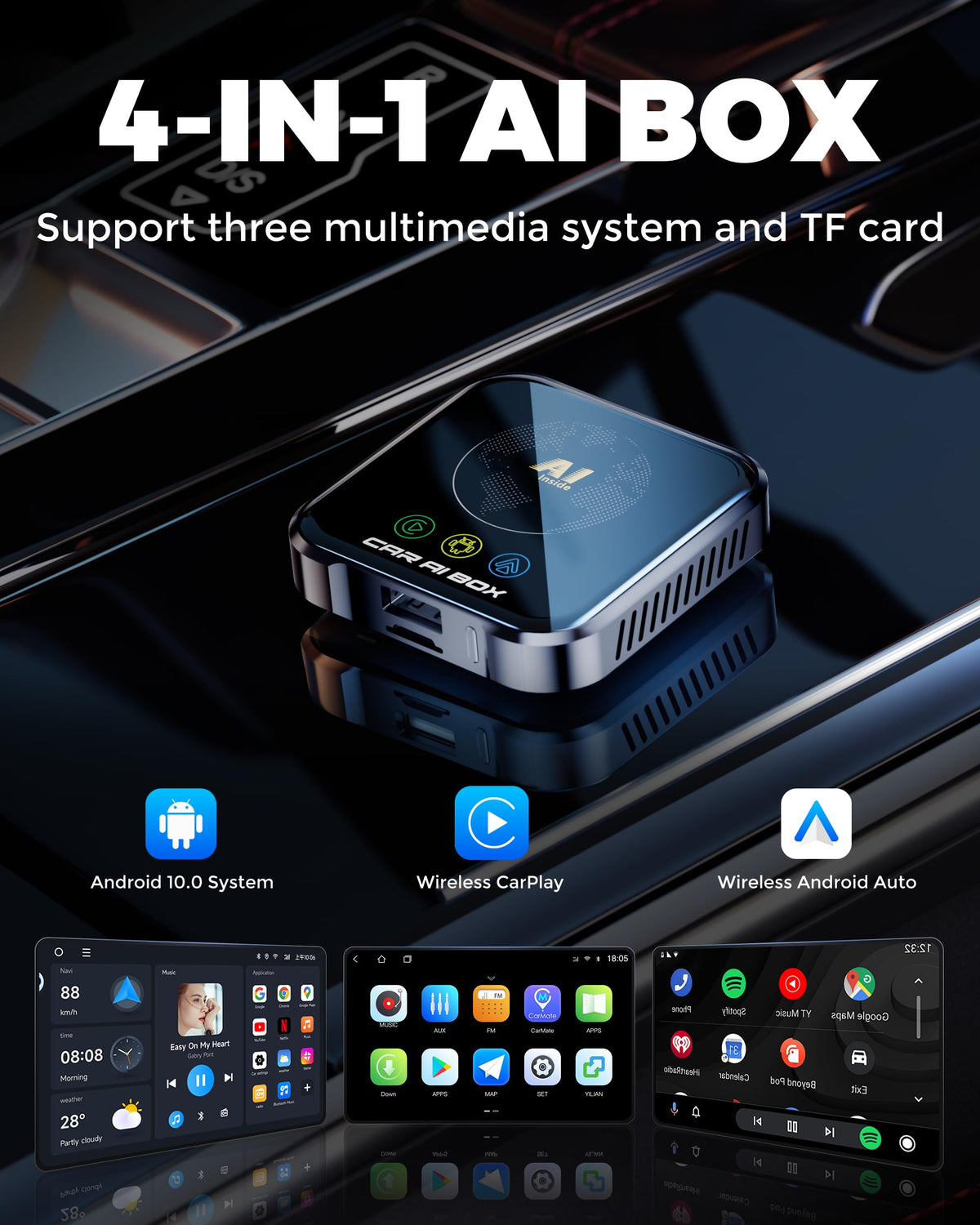 ZYW Magic AI Box wireless CarPlay in-car display supports seamless iPhone connection.
