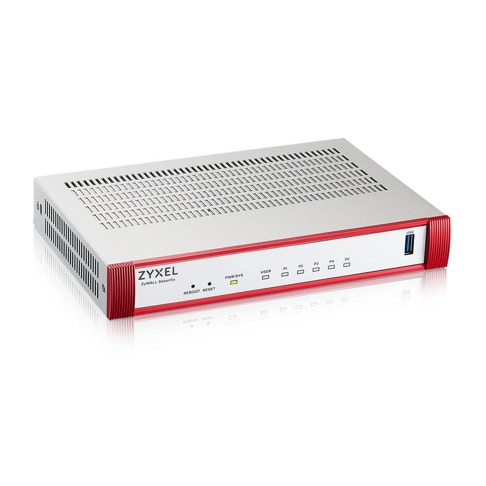ZYXEL USGFLEX50H front view showing compact, fanless build for quiet office environments.