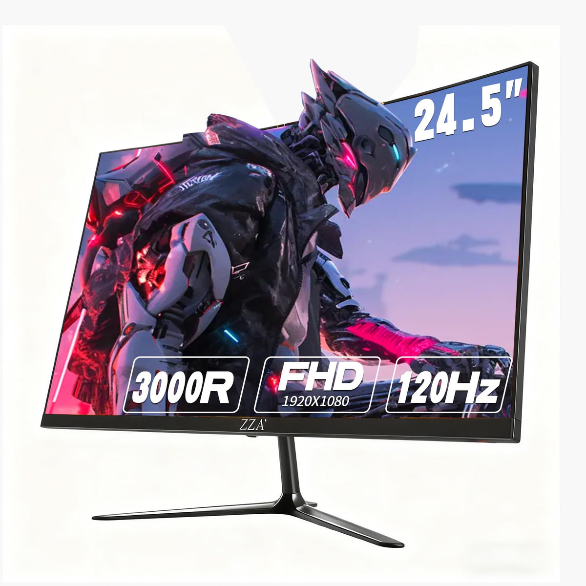 ZZA 24.5-inch curved monitor side view showing deep contrast and smooth motion