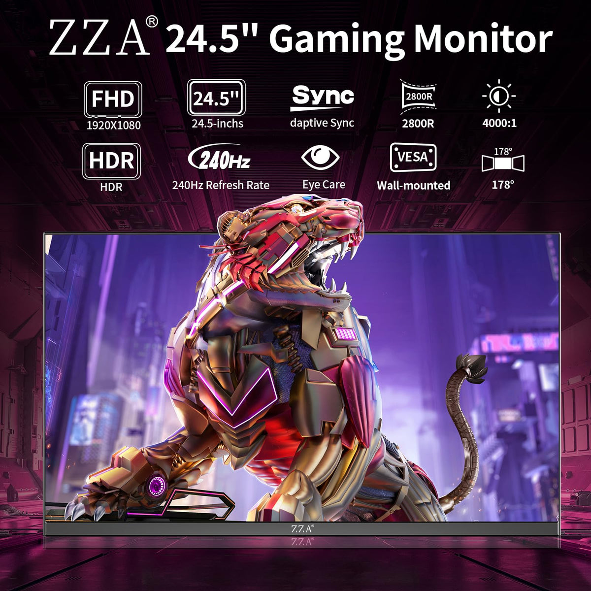 ZZA curved monitor with FreeSync for tear-free, smooth gameplay.